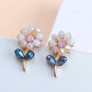 NWT~Gold Floral Stud Earrings with Pink Crystal Centers and Blue Leaf Crystals